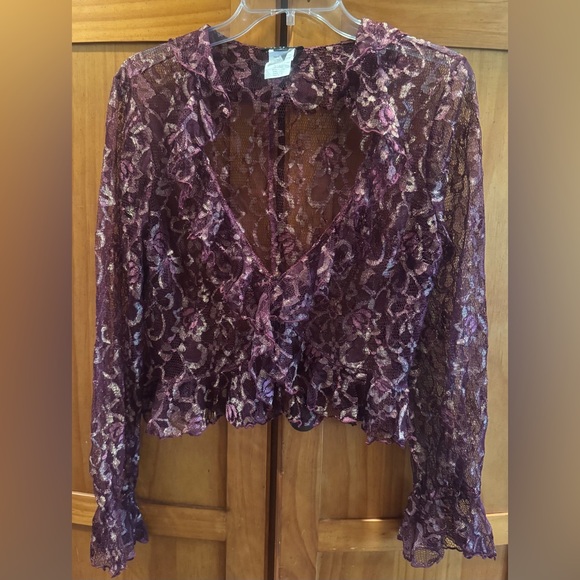 Bebe Y2K Women's Floral Sheer Lace Ruffled Blouse w/ Gold, Wine & Deep Pink Hues - Picture 3 of 16